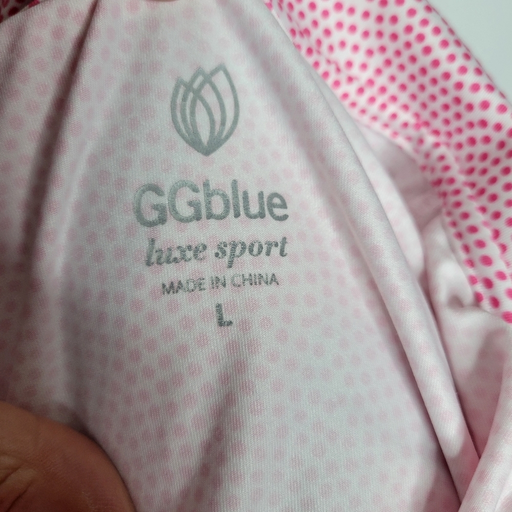 Womans GG Blue Lux Sport Pink Polka Dots Zip neck Golf Shirt Short Sleeve Size L - Picture 9 of 9